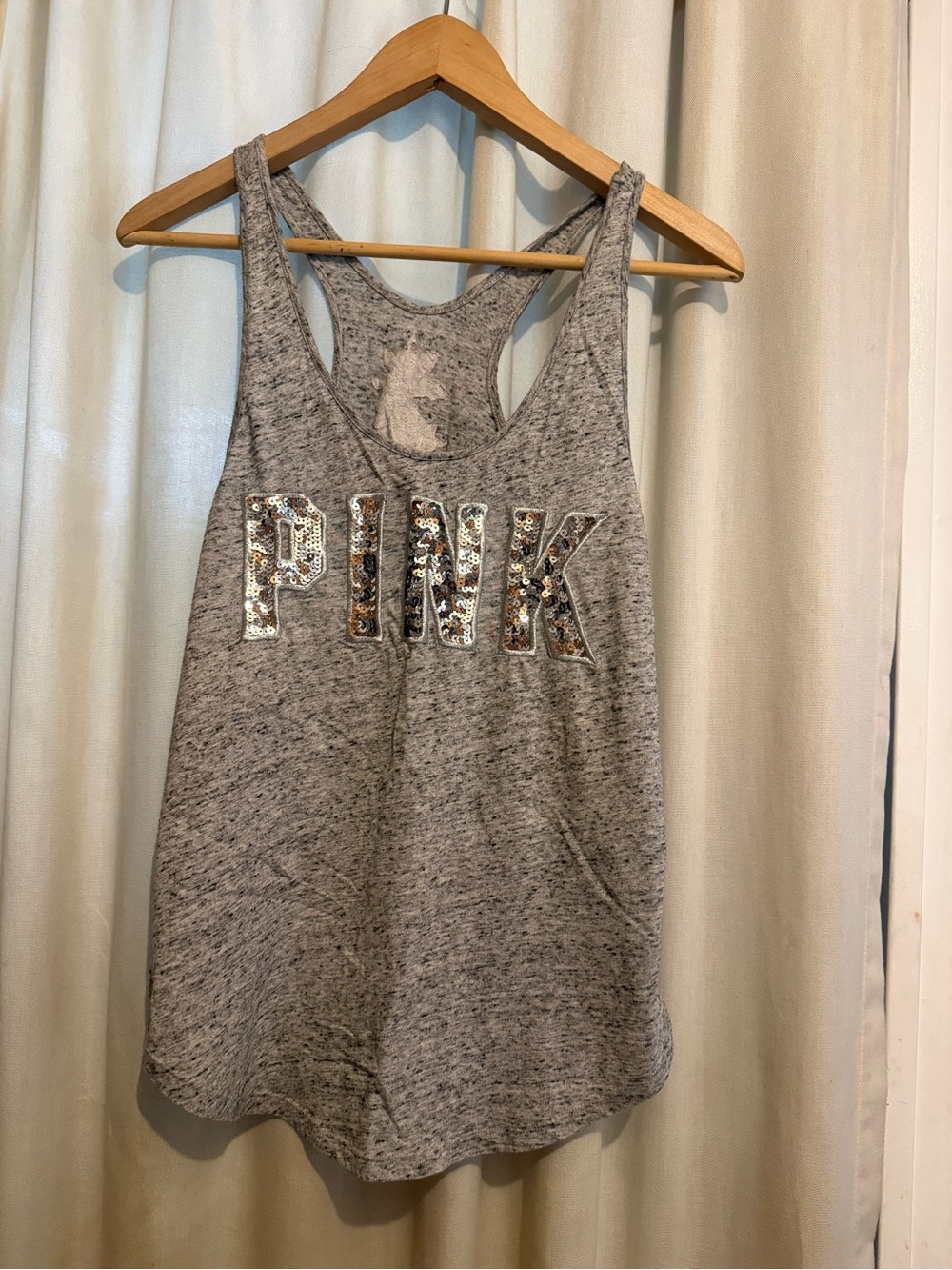 PINK Victoria's Secret Gray Sequin Logo Racerback Tank